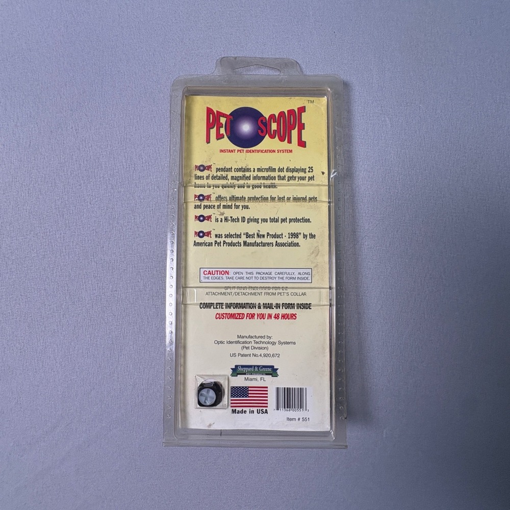 PetScope Instant Pet Identification System ID Pendant Microfilm Tag Vintage 1998